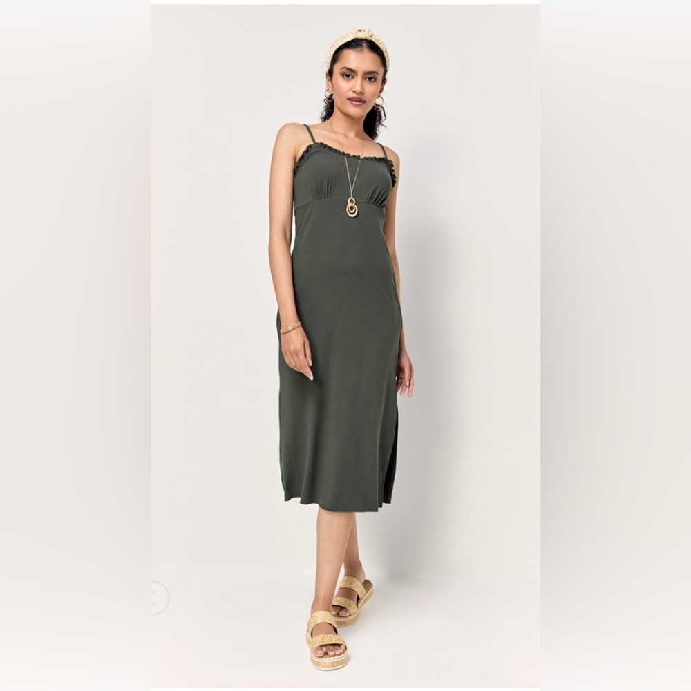 New Francesca’s Sally Rib Knit Ruffle Trim Olive Green Midi Dress - Picture 1 of 7